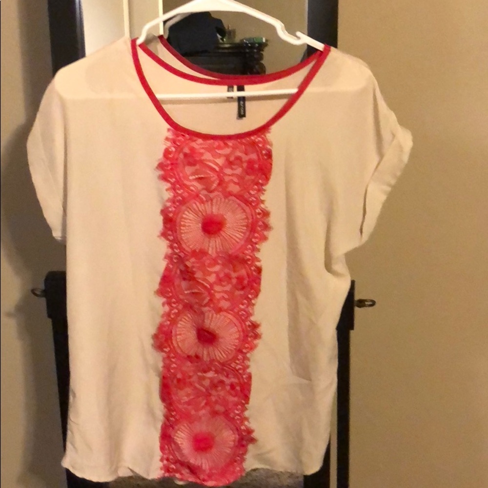 Cream color top with pink lace detail